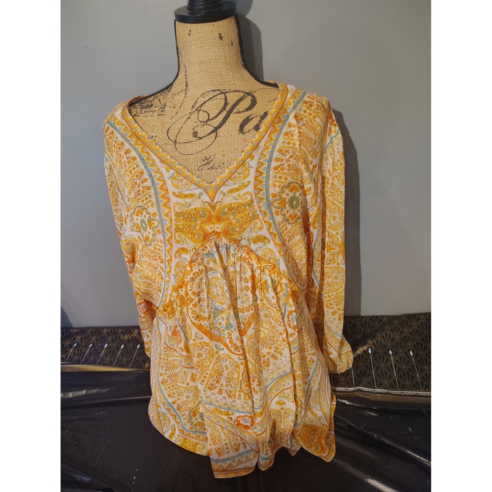 Rose + Olive Womens XL Orange Paisley Boho Metallic V-Neck Peasant Blouse Top